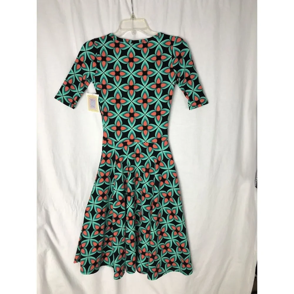 lularoe Nicole dress Size XXS Black Orange Green Short Sleeve Spun Polyester Usa